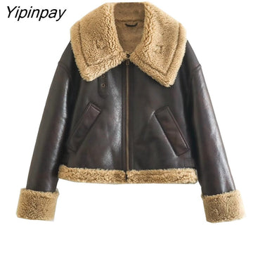 Yipinpay 2023 Winter Female Thicken Solid Jackets Fleece Warm Long Sleeve Zipper Coats Loose Vintage Ladies Waistcoat Chic Tops